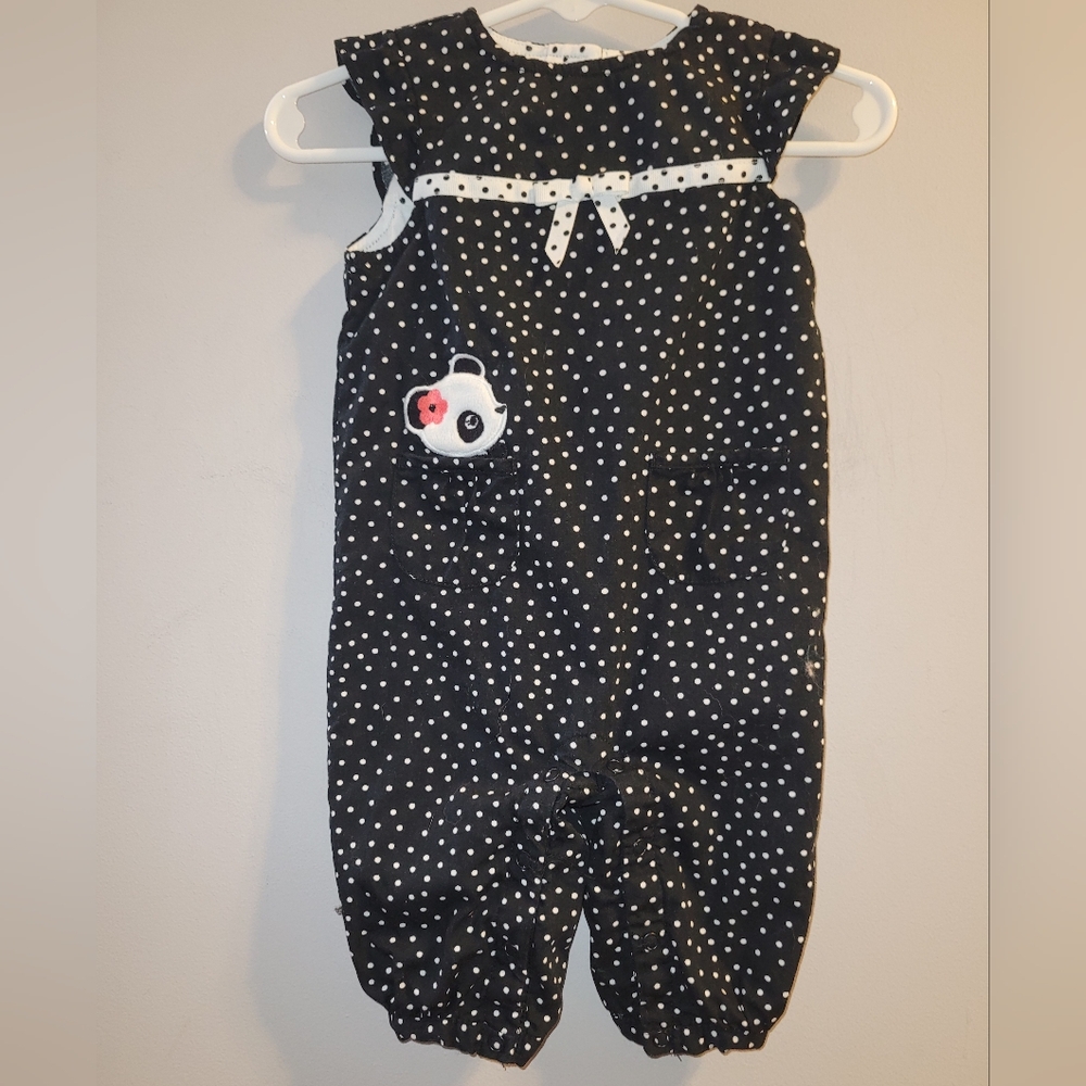 Gymboree Happy Panda Black White Polka Dot Bow Romper One Piece Baby Outfit 3-6